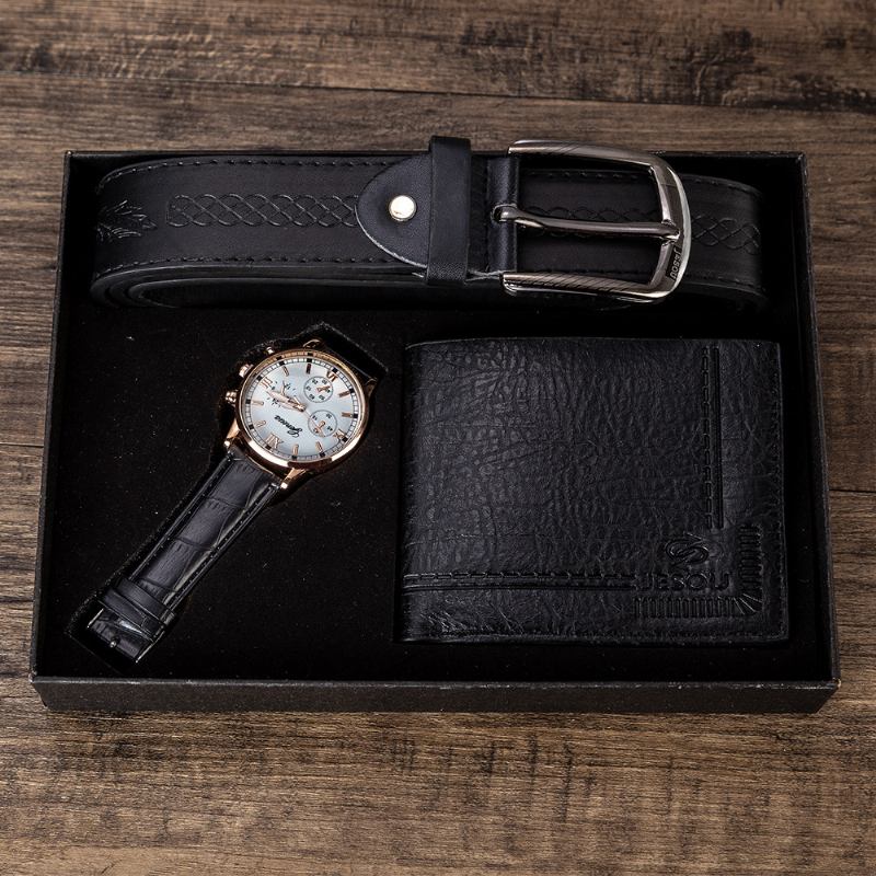 3 Stk Herre Gavesett Klassisk Business Leather Armbånd Mann Kvarts Klokke Folding Lommebok Belte