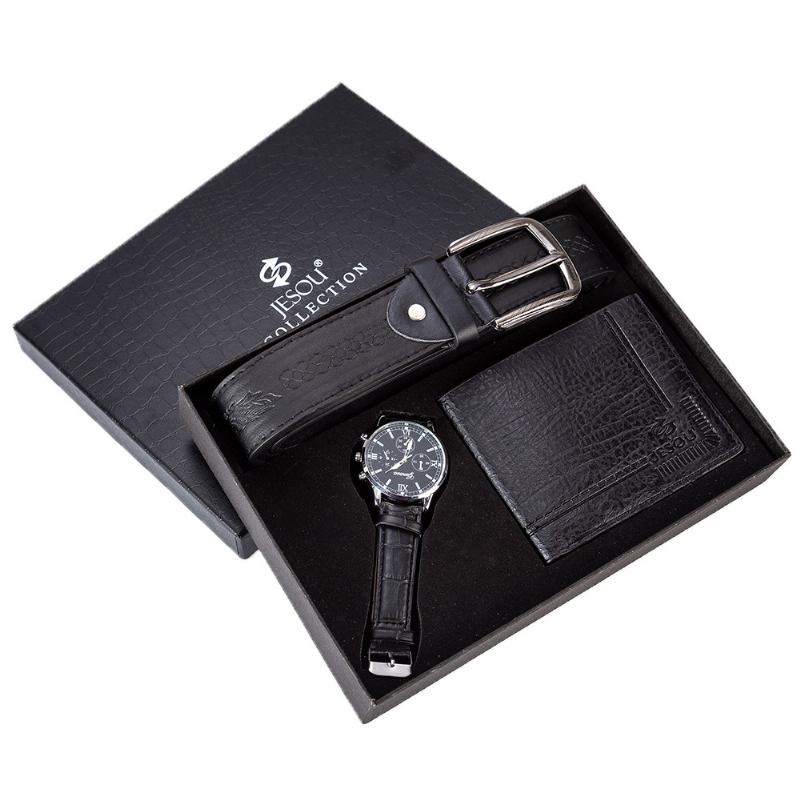 3 Stk Herre Gavesett Klassisk Business Leather Armbånd Mann Kvarts Klokke Folding Lommebok Belte