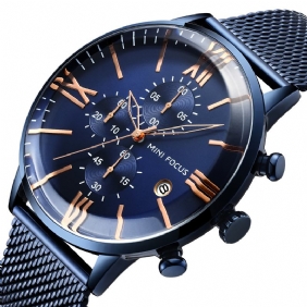 Business Chronograph Calendar Mesh Steel Quartz Watch Herre Armbåndsur