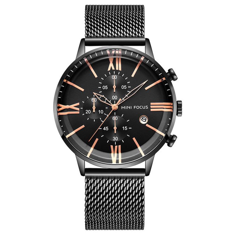 Business Chronograph Calendar Mesh Steel Quartz Watch Herre Armbåndsur