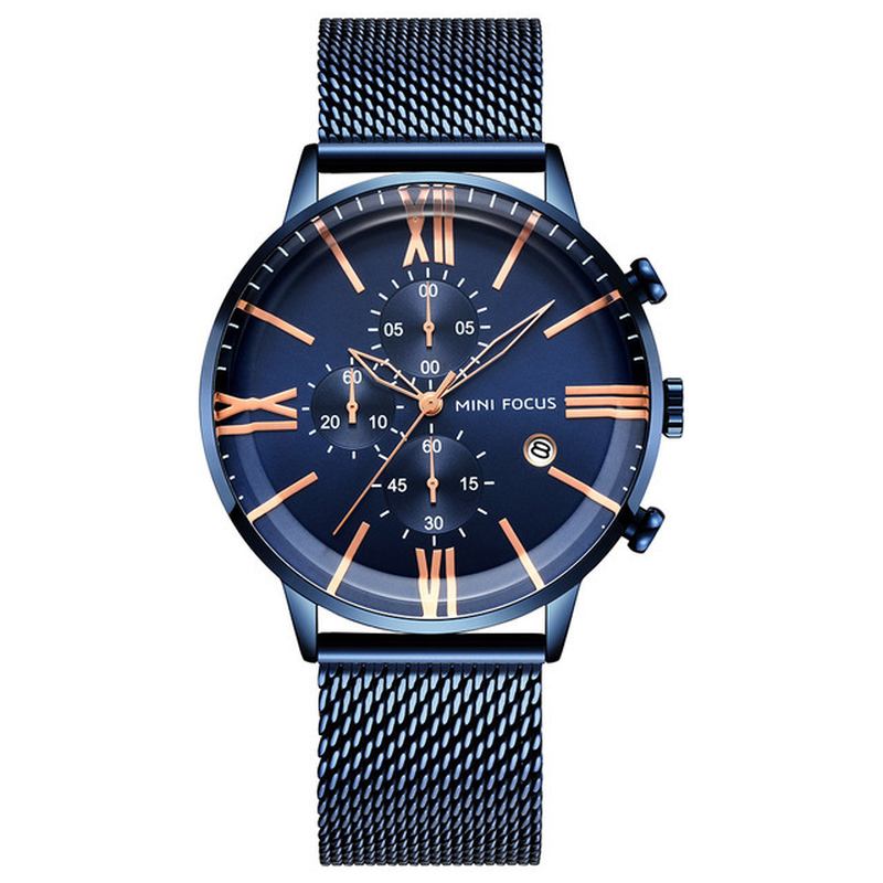 Business Chronograph Calendar Mesh Steel Quartz Watch Herre Armbåndsur