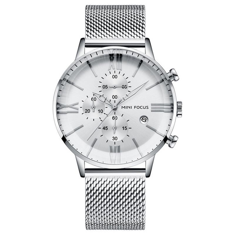 Business Chronograph Calendar Mesh Steel Quartz Watch Herre Armbåndsur