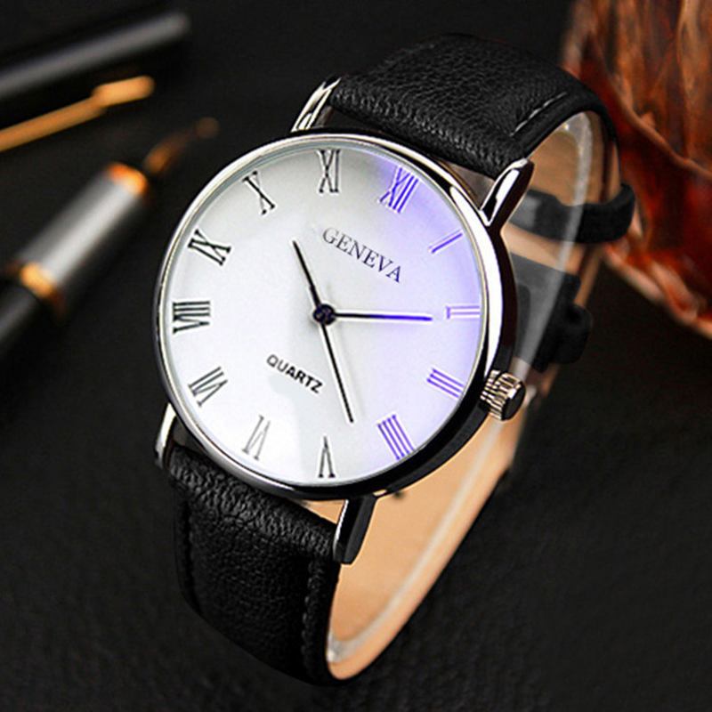 Business Fritids Enkel Romertallskive Pu Lærreim Herre Quartz Watch Armbåndsur