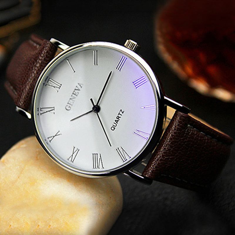 Business Fritids Enkel Romertallskive Pu Lærreim Herre Quartz Watch Armbåndsur