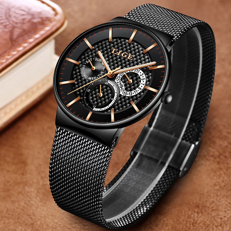 Business Fritids Menn Klokke Vanntett Lysende Dato Uke Display Quartz Watch