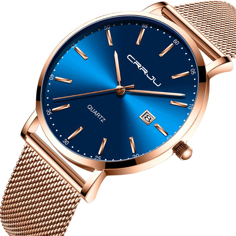 Business Style Dato Display Luxury Blue Dial Full Stålreim Herre Quartz Watch