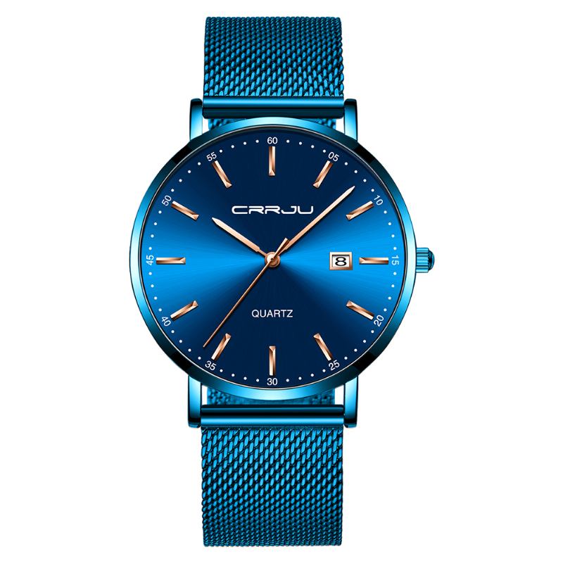 Business Style Dato Display Luxury Blue Dial Full Stålreim Herre Quartz Watch