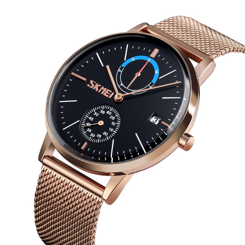 Business Style Sirkulært Speil Mesh Stålrem Uke Dato Vis Herreklokke Quartz Watch