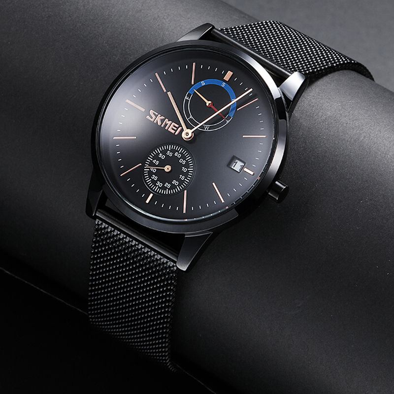 Business Style Sirkulært Speil Mesh Stålrem Uke Dato Vis Herreklokke Quartz Watch