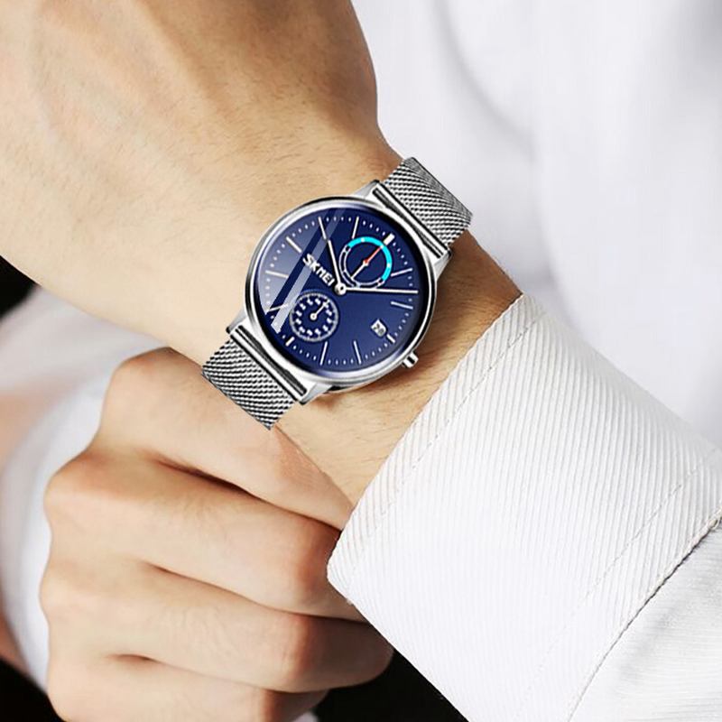 Business Style Sirkulært Speil Mesh Stålrem Uke Dato Vis Herreklokke Quartz Watch