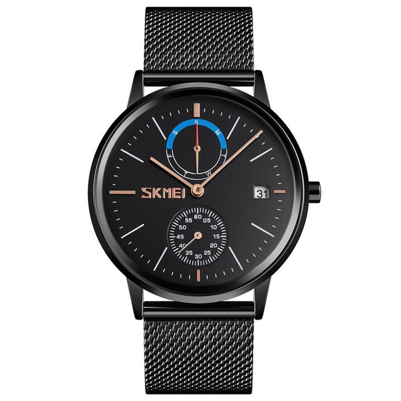 Business Style Sirkulært Speil Mesh Stålrem Uke Dato Vis Herreklokke Quartz Watch