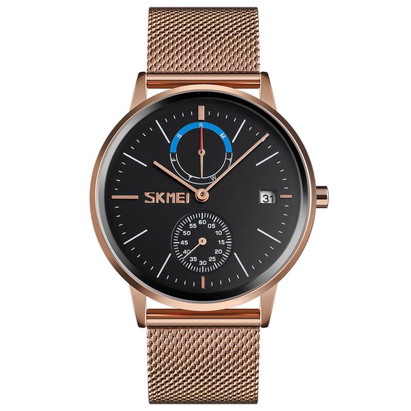 Business Style Sirkulært Speil Mesh Stålrem Uke Dato Vis Herreklokke Quartz Watch