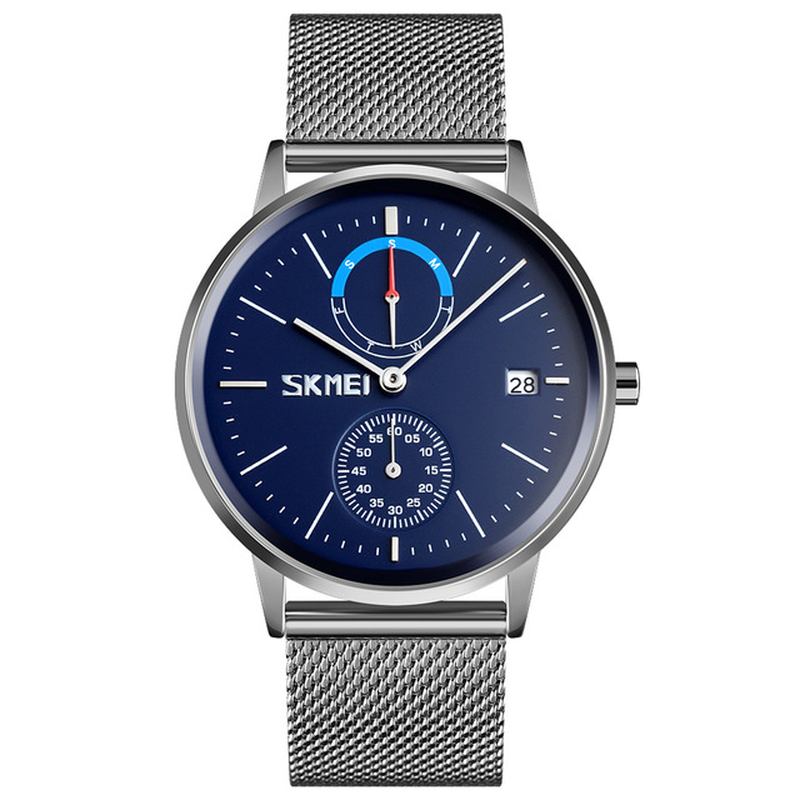 Business Style Sirkulært Speil Mesh Stålrem Uke Dato Vis Herreklokke Quartz Watch