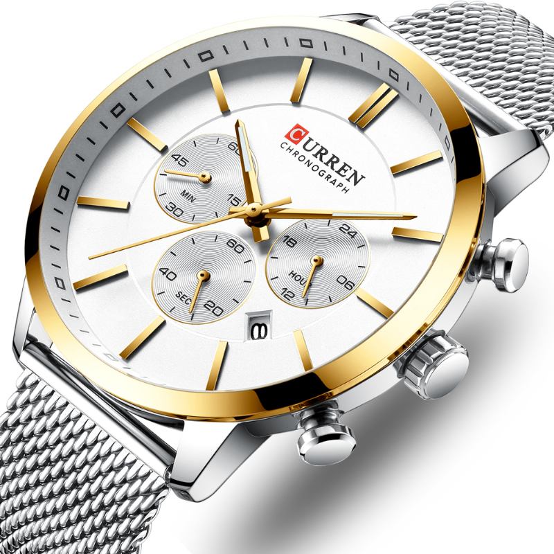 Chronograph Calendar Herre Armbåndsur Mesh Steel Band Quartz Watch