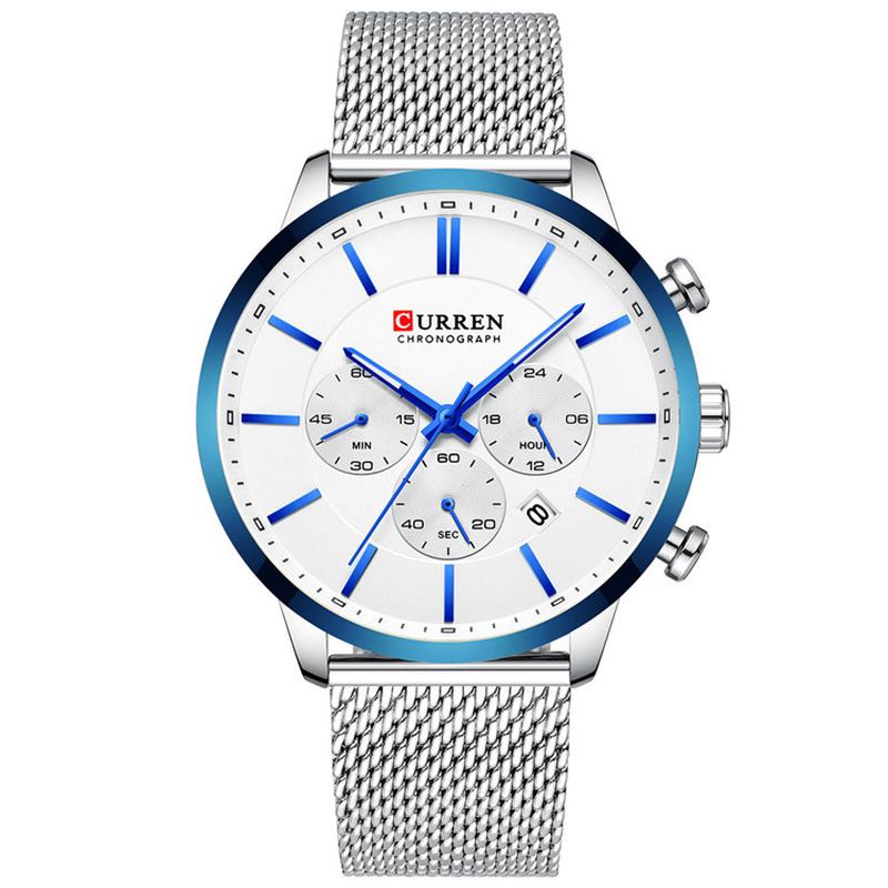 Chronograph Calendar Herre Armbåndsur Mesh Steel Band Quartz Watch