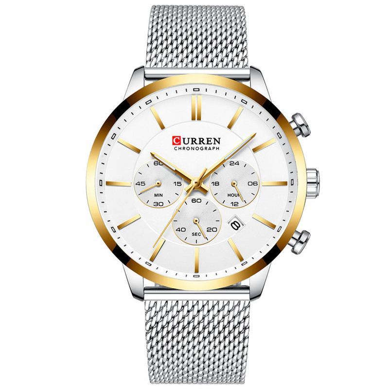 Chronograph Calendar Herre Armbåndsur Mesh Steel Band Quartz Watch