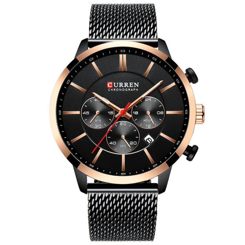 Chronograph Calendar Herre Armbåndsur Mesh Steel Band Quartz Watch