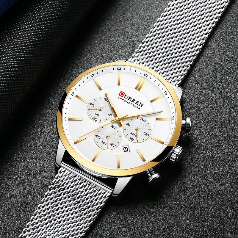 Chronograph Calendar Herre Armbåndsur Mesh Steel Band Quartz Watch