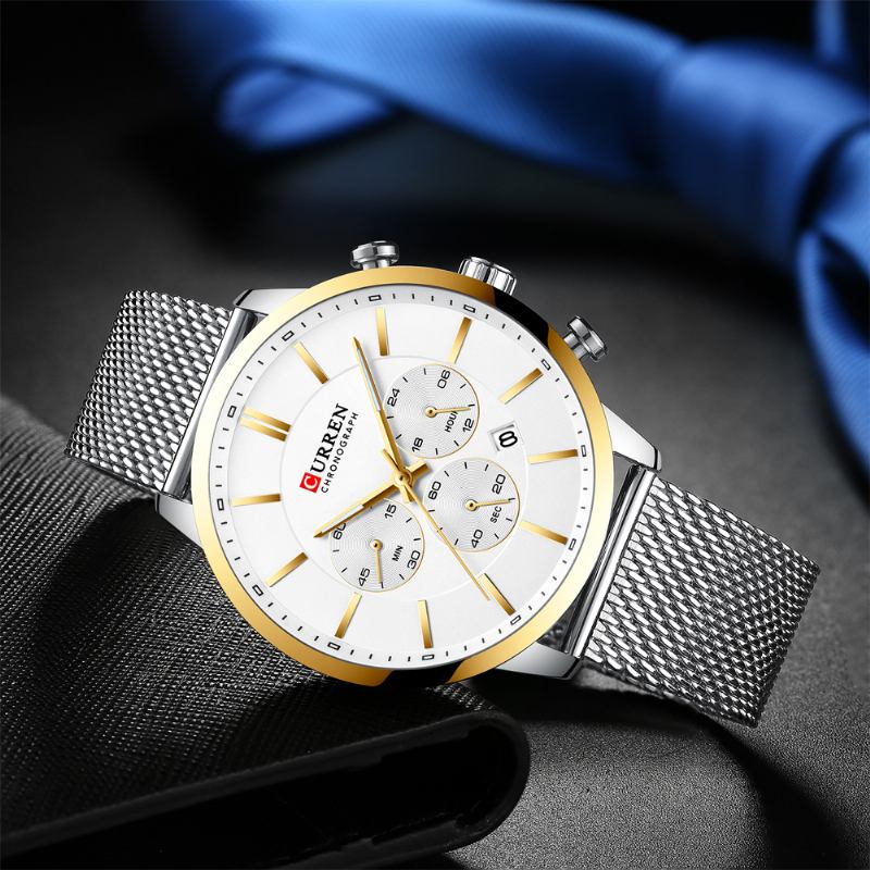 Chronograph Calendar Herre Armbåndsur Mesh Steel Band Quartz Watch