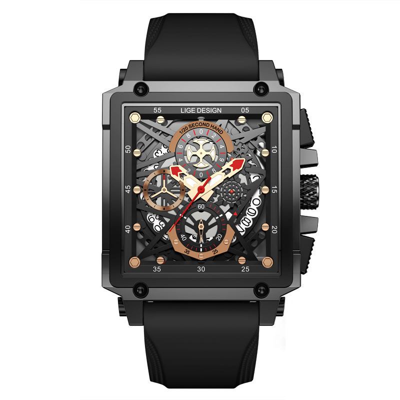 Creative Mechanical Hollow Out Surface Chronograph Calendar Silikonstropp 3atm Vanntett Herre Quartz Watch Armbåndsur