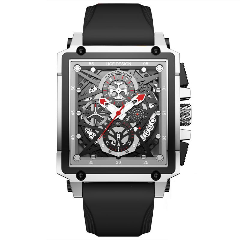 Creative Mechanical Hollow Out Surface Chronograph Calendar Silikonstropp 3atm Vanntett Herre Quartz Watch Armbåndsur