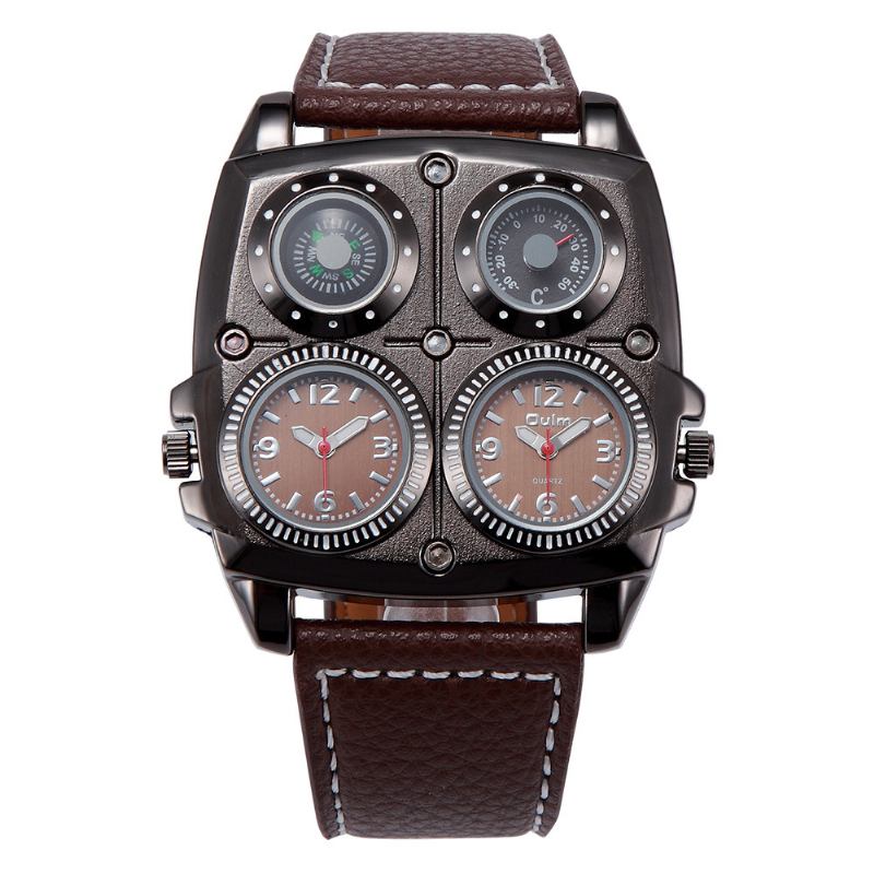 Dual Time Zones Big Dial Menn Armbåndsur Restro Style Leather Band Creative Quartz Watch