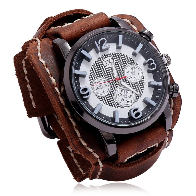 Fasjonable Cow Leather Band Herre Armbåndsur Stereoskopiske Tall Design Quartz Watch