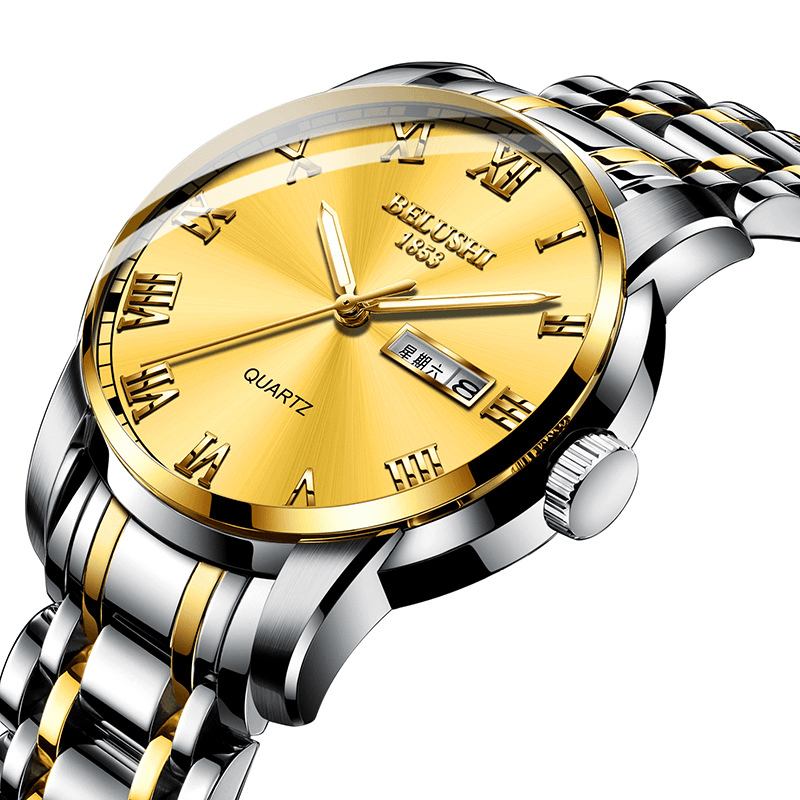 Full Steel Band Business Style Calendar Quartz Watch Vanntett Lysende Display Herreklokke