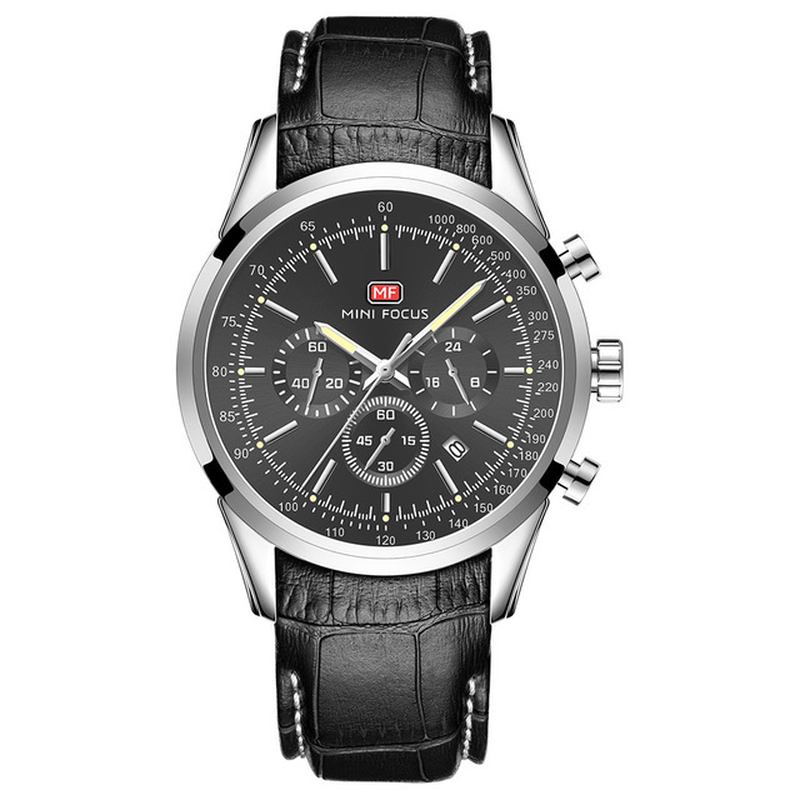 Lær Business Chronograph Calendar Vanntett Herreklokke Quartz Watch