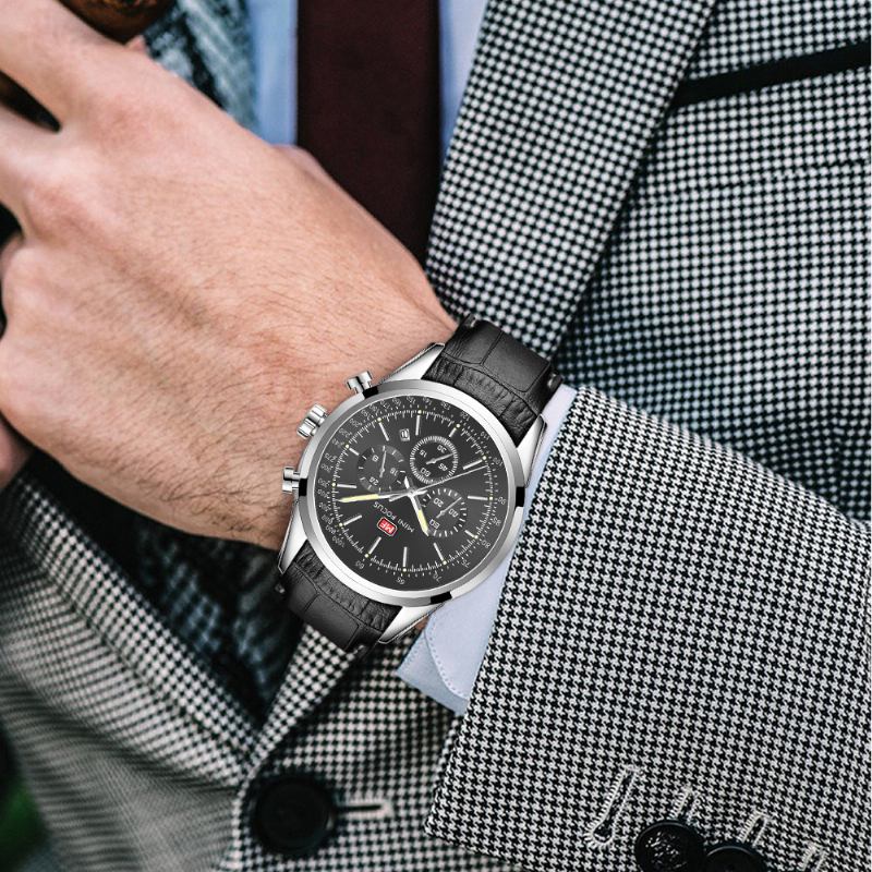 Lær Business Chronograph Calendar Vanntett Herreklokke Quartz Watch