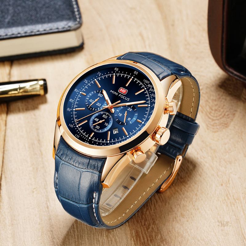 Lær Business Chronograph Calendar Vanntett Herreklokke Quartz Watch