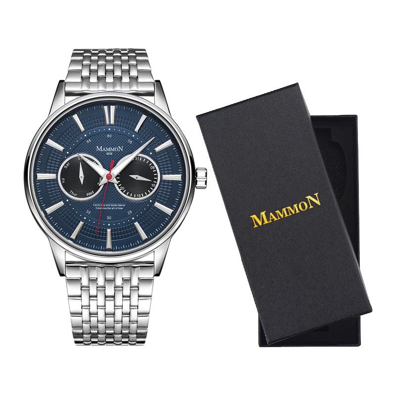 Mammon M038 Business Large Dial Luminous Pointer Week Calendar Display Steel Band 3atm Vanntett Herre Quartz Watch