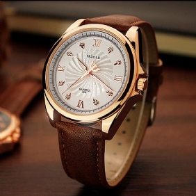 Menn Crystal Rose Gold Case Leather Band Lysende Display Quartz Watch