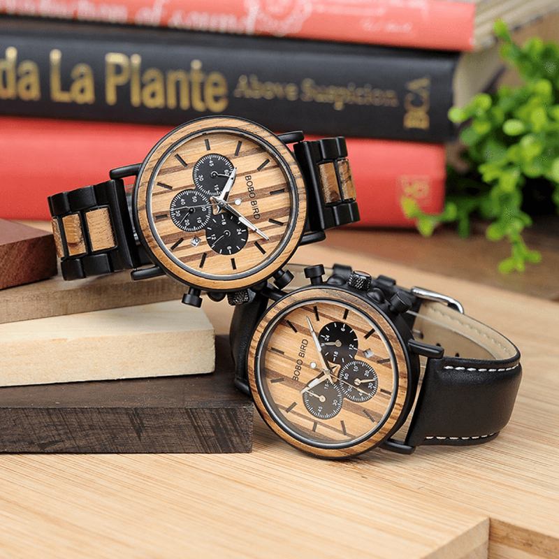 Menn Fritids Wooden Date Display Armbåndsur Kvartsklokke Med Boks