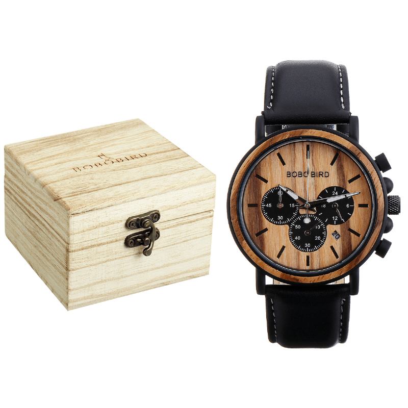 Menn Fritids Wooden Date Display Armbåndsur Kvartsklokke Med Boks