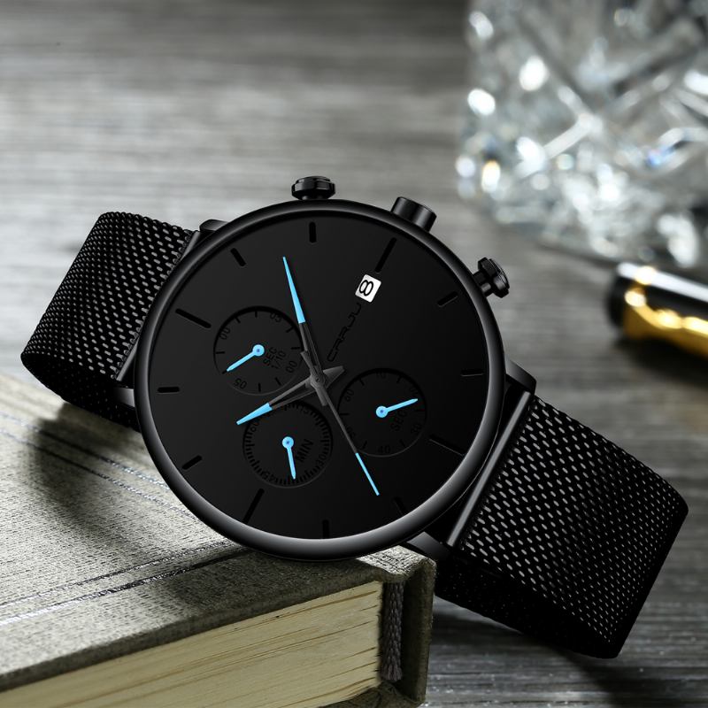 Menn Full Mesh Steel Band Mote Needle Dial Design Kalender Quartz Watch