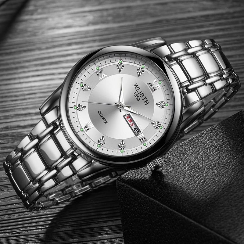 Menn Full Steel Belte Quartz Watch Business Lysende Vanntett Kalender Uformelt Armbåndsur