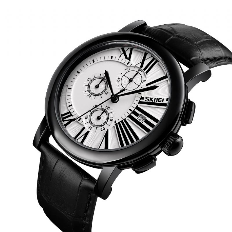 Menn Mote Lærreim Stoppeklokke Dato Vis Romertall Sport Quartz Watch