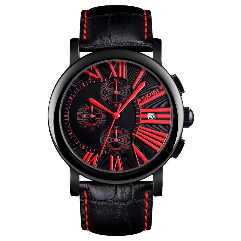 Menn Mote Lærreim Stoppeklokke Dato Vis Romertall Sport Quartz Watch