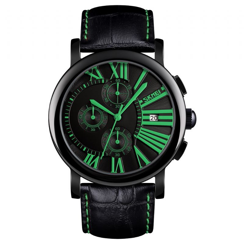 Menn Mote Lærreim Stoppeklokke Dato Vis Romertall Sport Quartz Watch