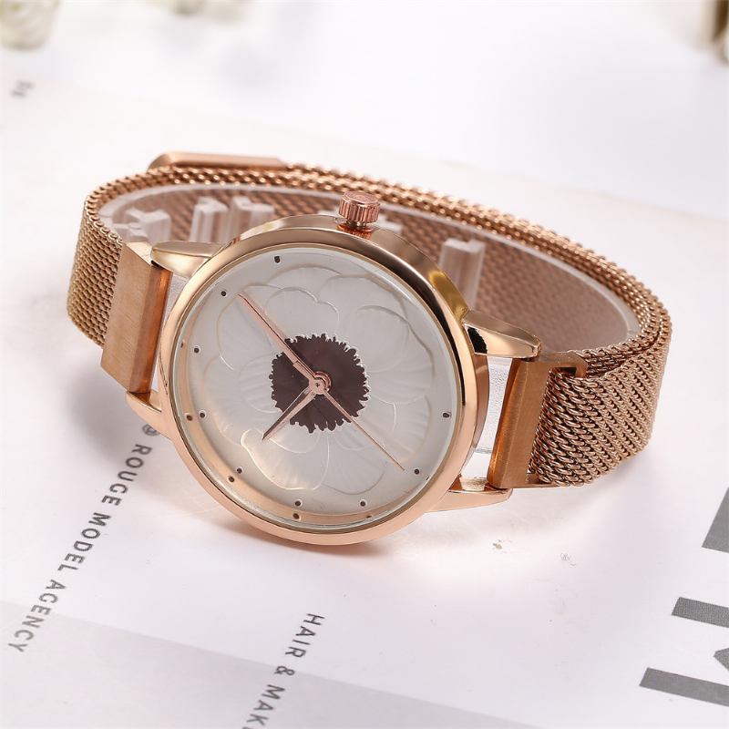 Mote Elegant 3d-blomstermønster Magnetisk Spenne Milanese Mesh Stålreim Damearmbåndsur Quartz Watch