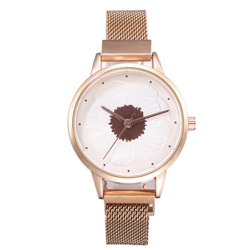 Mote Elegant 3d-blomstermønster Magnetisk Spenne Milanese Mesh Stålreim Damearmbåndsur Quartz Watch