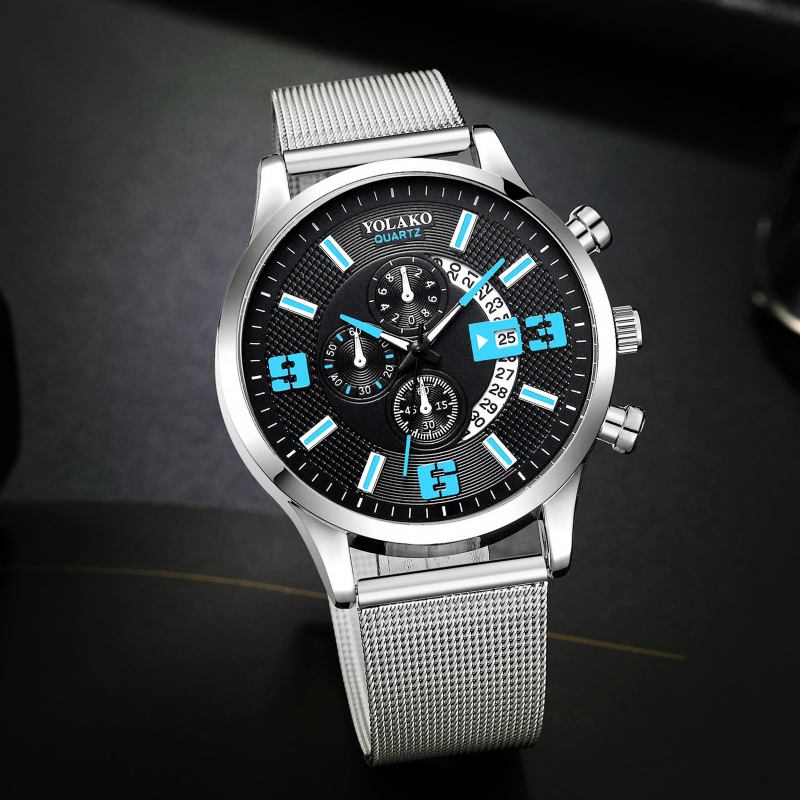 Mote Elegant Herre Business Watch Dekorert Pointer Calendar Quartz Watch