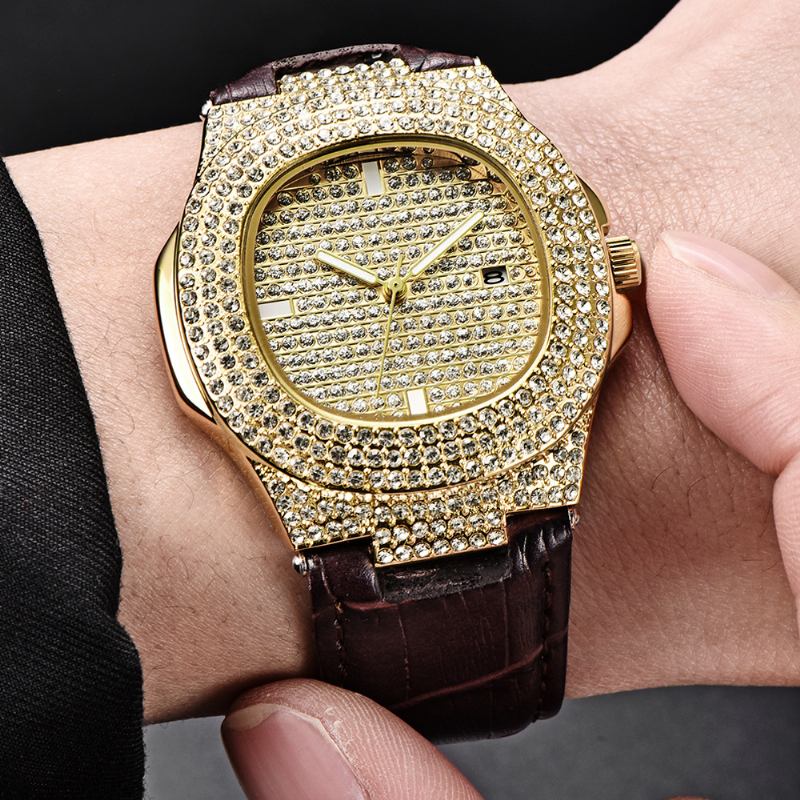 Mote Elegant Pu Leather Herre Vintage Diamond Watch Belt Quartz Watch