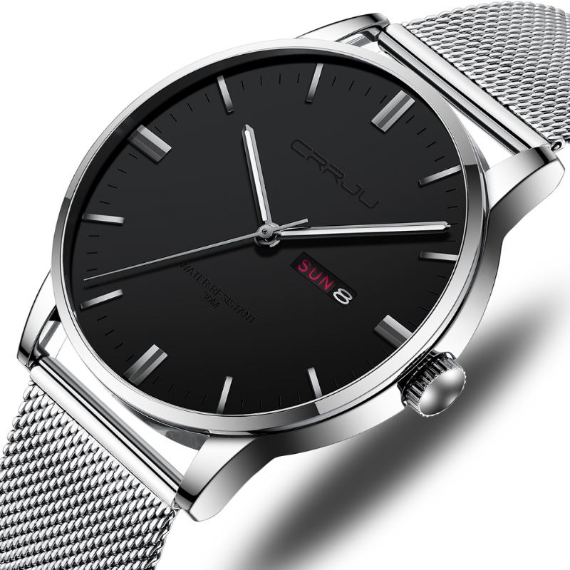 Mote Mesh Stål Dato Uke Lysende Display Uformell Enkel Dial Menn Quartz Watch