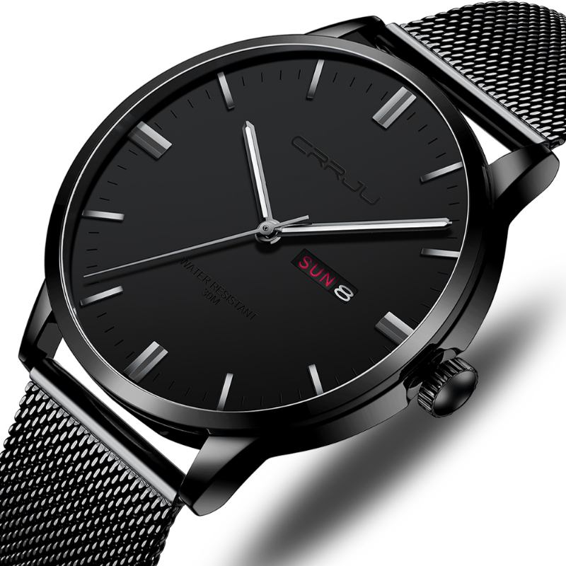 Mote Mesh Stål Dato Uke Lysende Display Uformell Enkel Dial Menn Quartz Watch