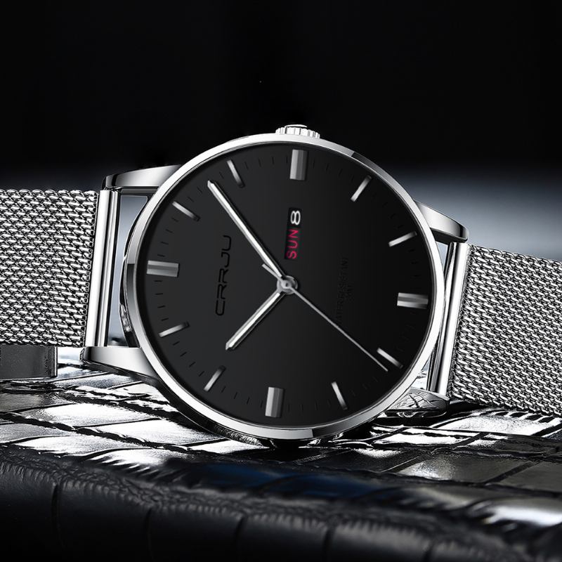 Mote Mesh Stål Dato Uke Lysende Display Uformell Enkel Dial Menn Quartz Watch