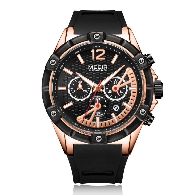 Mote Style Calendar Luminous Chronograph Herre Waterproof Silikon Strap Quartz Watch