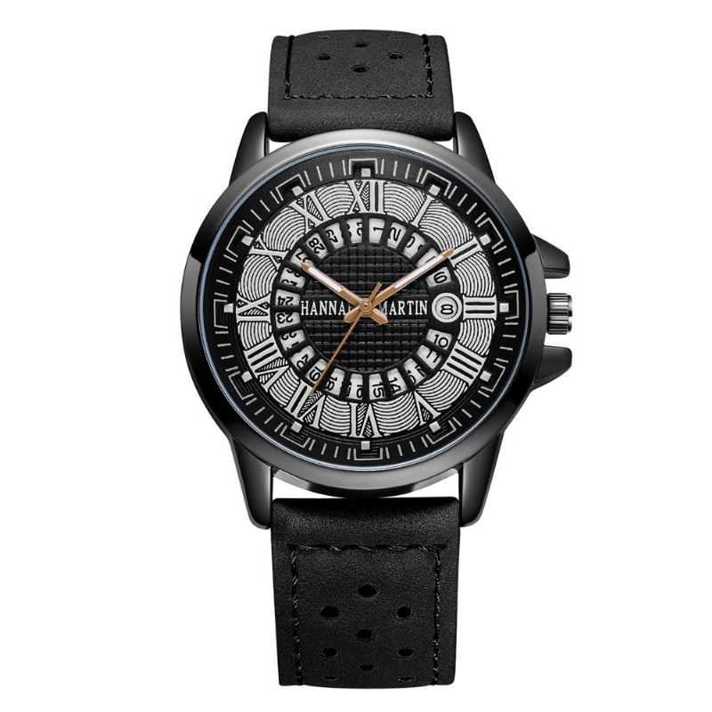 Mote Uformelle Romertall Creative Dial Dato Vis Lærreim Menn Quartz Watch