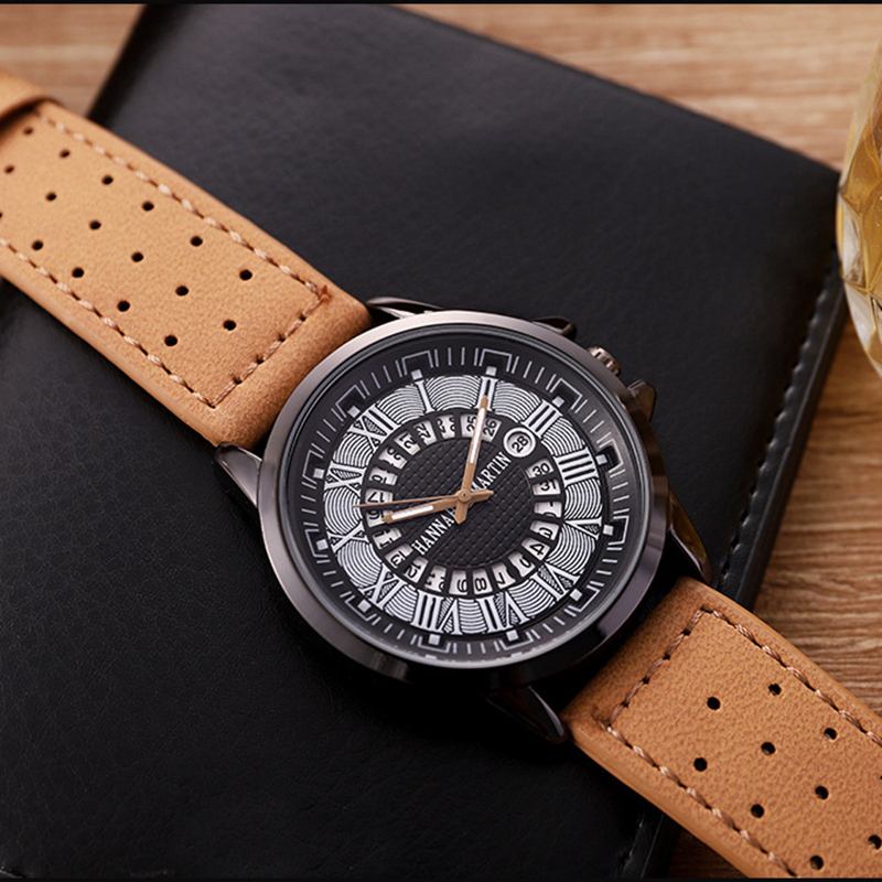 Mote Uformelle Romertall Creative Dial Dato Vis Lærreim Menn Quartz Watch